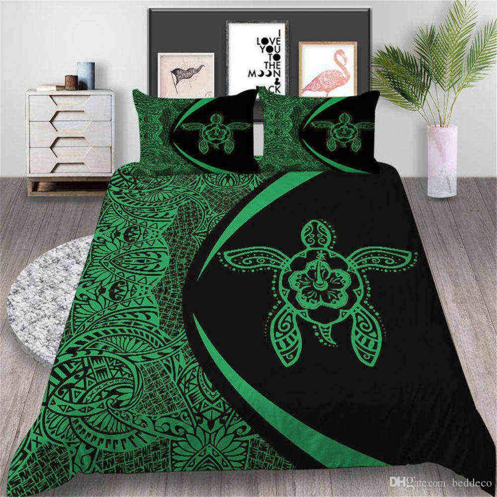Tortoise Bedding Set Flowers Mysterious Green Duvet Cover Abstract