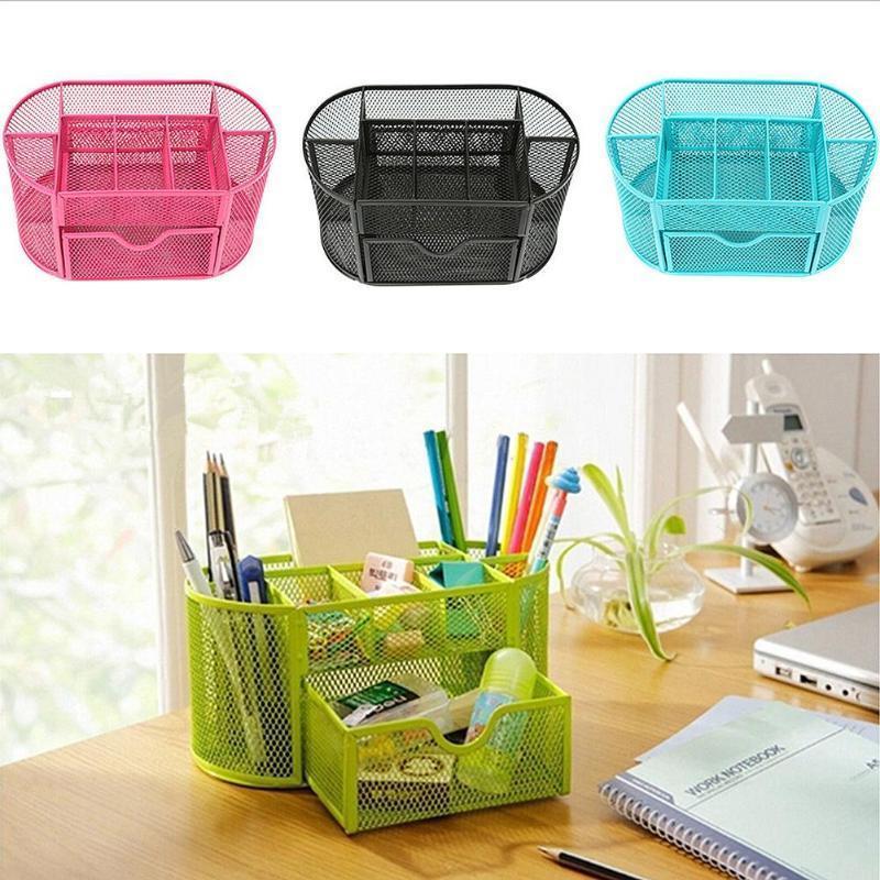 2019 9 Cell Metal Mesh Desktop Office Pen Pencil Holder Iron Desk