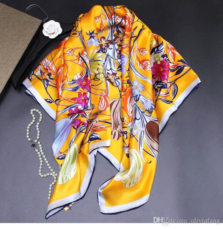 Women Large Silk Scarf Big Size Bird Print Foulard Female Luxury Bright Long Sha