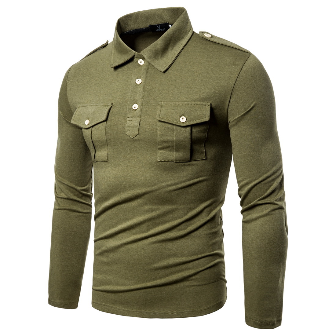 Men's Autumn Mens Military Double Pocket Tshirt Army Green Lapel Long Sleeve T-shirt Forces Uniform Workwear Clothes Slim Fit Streetwear Trihtrih