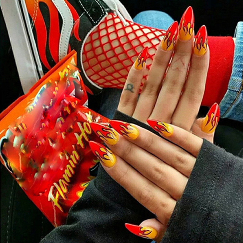 Qualityblack Flame Fake Nails Extra Long Coffin Ballet False Nails With Glue Press On Nails Full Cover French Nail Tips Nail Art From Turecolorwig 26 32 Dhgate Israel