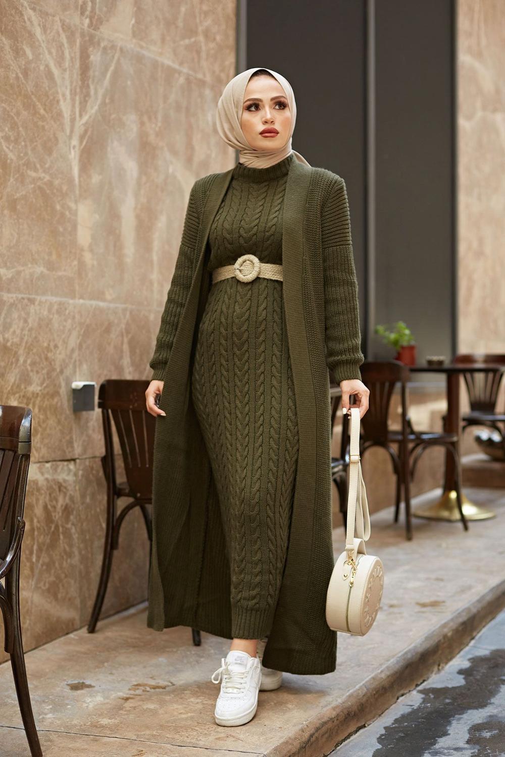 cárdigan largo y maxivestido tejido Conjunto de vestido Hijab de punto para mujer cárdigan largo y maxivestido tejido Conjunto de vestido Hijab de punto para mujer