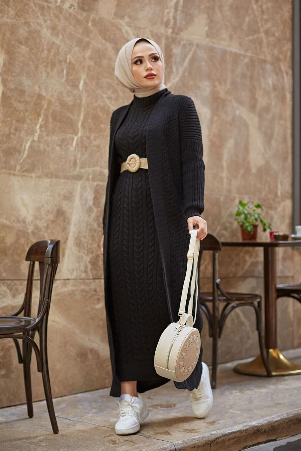 cárdigan largo y maxivestido tejido Conjunto de vestido Hijab de punto para mujer cárdigan largo y maxivestido tejido Conjunto de vestido Hijab de punto para mujer