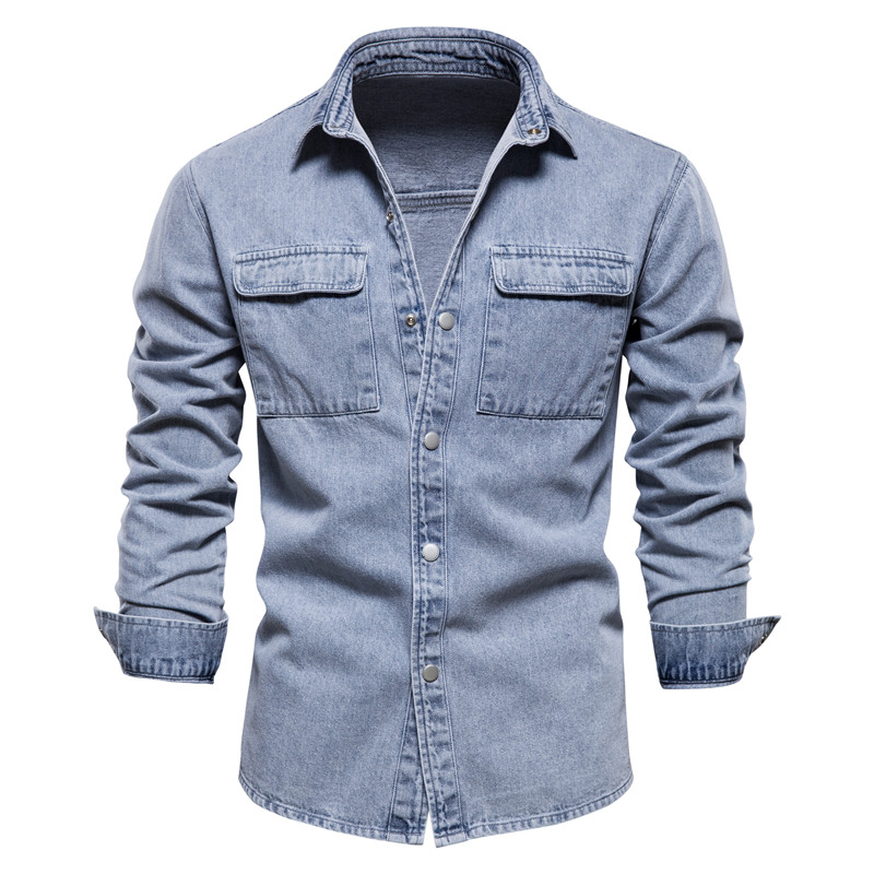 Cotton Denim Shirts Men Casual Solid 