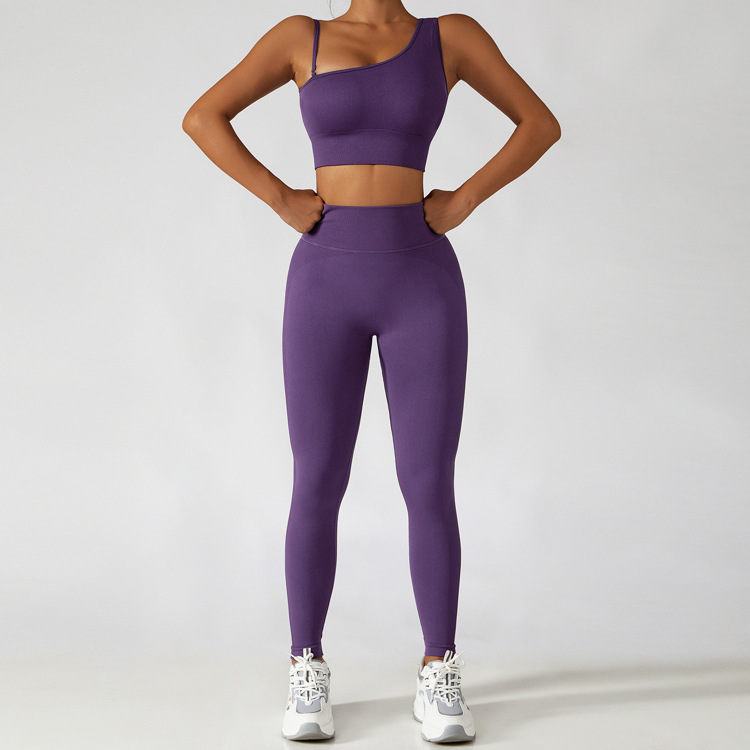 Oblique Shoulder Bra Trousers-Violet