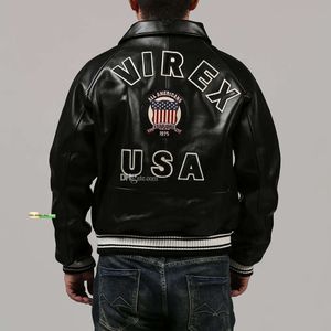 AVIREX Veste en cuir de mouton à revers noir Combinaison de vol athlétique décontractée 1975 USA 6879rdd 2024 Veste de créateur pour homme USA Jacket 976