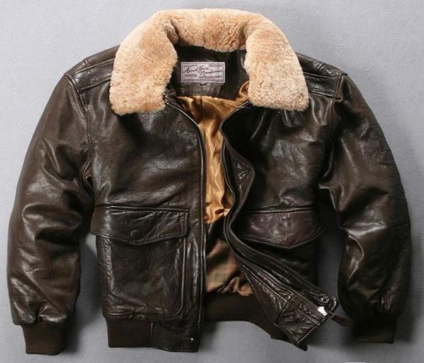 Avirex Flight Jacket Fur Collar Chaqueta de cuero genuina Hombres de piel de oveja marrón negro Bombardero de invierno Male5528465