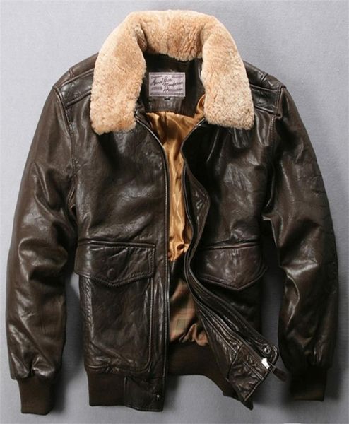 Avirex Fly Air Force Flight Jacket chaqueta de cuero genuino con cuello de piel para hombre abrigo de piel de oveja marrón negro chaqueta Bomber de invierno para hombre 20114293035