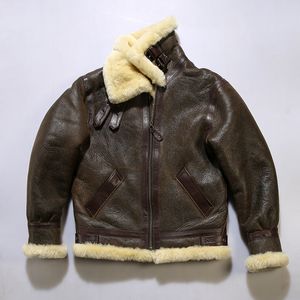 AVFLY schapenleren jas grote revers Pilot B3 bont in eendelig vliegpak vintage bruine Patton's warme parka's