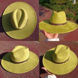 Avocado groene fedora suede hoed geruite riem water drop top grote rand hoed heren en dames hoed suede hoed sombrero mujer 240430