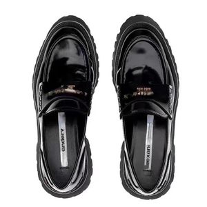 AW Dress Shoes Chaussures en cuir noir à semelles épaisses pour femmes Mocassins de marque de style britannique