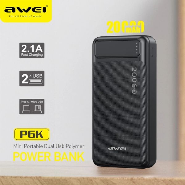 AWEI P6K 20000mAh Portable Power Bank Double Type A USB A et Type c Micro Double entrée Charge Rapide Pour Travail Voyage Pour Téléphone Mobile