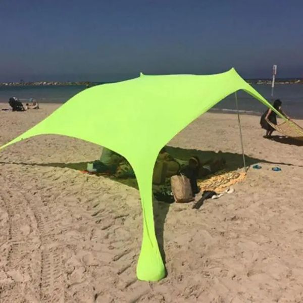 Auvents de plage familiaux, grande tente pare-soleil de plage avec poteaux de stabilité UPF50 + ombrage extérieur pour la plage, le camping, les fêtes ou les pique-niques