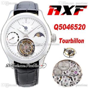 AXF Q5046520 Mechanische Hand Winding Tourbillon GMT Mens Horloge Master Grande Traditie Wit Dial Moon Pase Power Reserve Black Lederen Super Edition Puretime A1