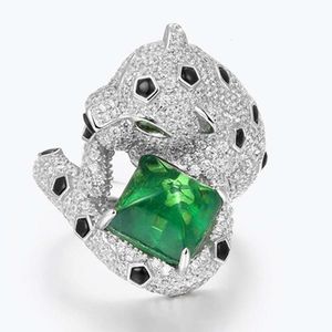 AYJEWELRY Sterling Sier Leopard met Lab Emerald Stone Black Spots Panther Ringen voor dames Fijne sieraden