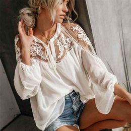 Ayualin witte bloemen chiffon kant blouse shirt vrouwen top vintage lantaarn lange mouw sexy zien door blouses boho beach blusa 210719