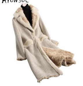Ayunsue 2019 Women Real Lamb Fur Coat Tweed Wool Coats Long Warm Winter Chaqueta de invierno Femenina Natural Mink Fur Collar 68213 YQ17669947815