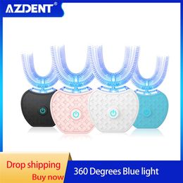 Azdent 360 graden Automatische Sonic Elektrische Tandenborstel U Type 4 Modi Borstel USB Opladen Tanden Whitening Blauw Licht 220224