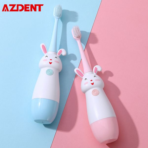 AZDENT Kids Brosse à dents électrique à ultrasons lapin pour enfants, tête à 5 poils, fonctionnement à un bouton, alimenté par une pile 1AAA, rose bleu