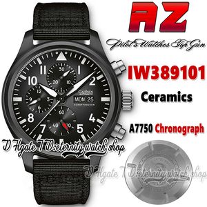 AZF AZ389101 A7750 Automatische chronograaf Mens Watch Keramische kast Zwart wijzerplaat Markers Nylon Lederen Riem Stopwatch Super Edition Eternity Sport Watches