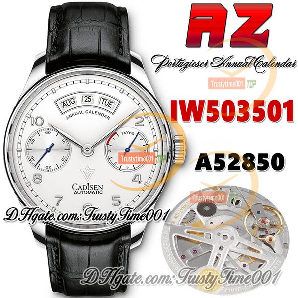 AZF az503501 Calendrier annuel Réserve de marche Montre pour homme A52850 Automatique Cadran blanc Chiffres arabes Marqueurs Bracelet en cuir Super Edition trustytime001Montres