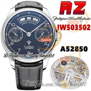 AZF az503502 Calendrier annuel Réserve de marche Montre pour homme A52850 Automatique Cadran noir Marqueurs argentés Boîtier en acier Bracelet en cuir Super Edition trustytime001Montres