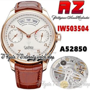 AZF az503504 jaarlijkse kalender gangreserve herenhorloge A52850 automatische witte wijzerplaat nummermarkeringen 18K rosé gouden kast lederen band 298i