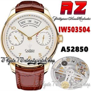 AZF AZ503504 Jaarlijkse kalender Power Reserve Mens Watch A52850 Automatische witte wijzernummer Markers 18K Geel Gold Case Leather Riem Super Edition Eternity Watches