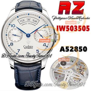 AZF az503505 jaarkalender gangreserve herenhorloge A52850 automatische witte wijzerplaat blauwe markeringen stalen kast blauwe lederen band supereditie trustytime001horloges