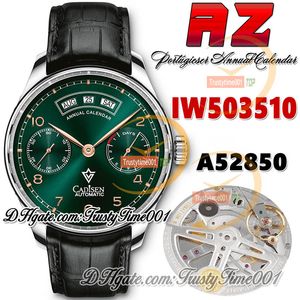 AZF az503510 Calendrier annuel Réserve de marche Montre pour homme A52850 Automatique Cadran vert Marqueurs dorés Boîtier en acier Bracelet en cuir marron Super Edition trustytime001Montres