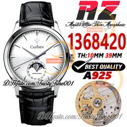 AZF Master Ultra Thin 1368420 Cal.925 Automatisch herenhorloge Maanfase Datum 39 mm roestvrijstalen kast Zilverkleurige wijzerplaat Zwart lederen band Super Edition trustytime001Watches