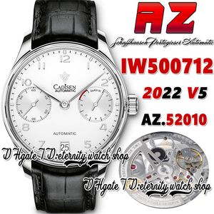 AZF V5 AZ500712 A52010 Automatische Mens Watch White Power Reserve Dial Number Markers Roestvrij stalen kast Zwart Leather Riem 2022 Super Edition Eternity Watches