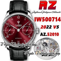 AZF V5 az500714 A52010 Montre automatique pour homme Bourgogne Rouge Réserve de marche Cadran Numéro Marqueurs Boîtier en acier inoxydable Bracelet en cuir 2022 Super Edition montres d'éternité