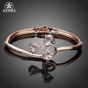 Azora Lucky Clover Design Bracelet jonc à breloques en zircon cubique clair couleur or rose Tb0046 Q0717