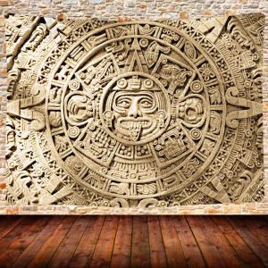 Aztec Calendar Tapestry Black and White Vintage Mayan Signe Anciens mots mur suspendu pour chambre de chambre