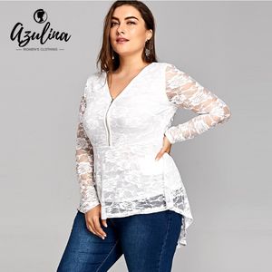 Azulina Plus Size Women Women Lace Dip Peplum Top Bloses Camisas 2018 White Ladies Tops Blusas Big Women Women Blouse 5xl 2853