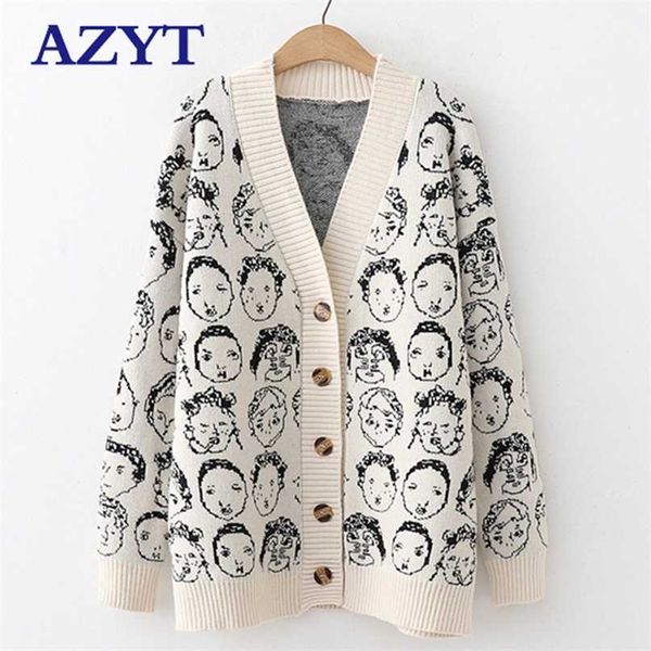 Azyt Otoño Invierno Comic V Cuello Cardigan Chaqueta femenina Prendas de punto Suéter Abrigo Casual Chaqueta de punto Suéter para mujeres 211221