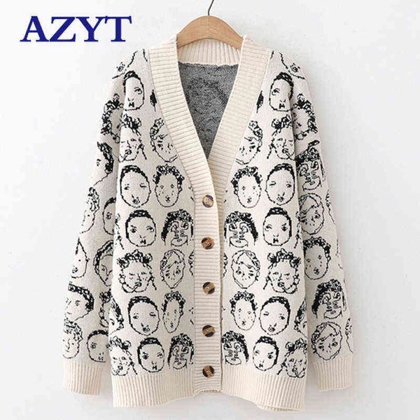 Azyt Otoño Invierno Comic V Cuello Cardigan Chaqueta femenina Prendas de punto Suéter Abrigo Casual Chaqueta de punto Suéter para mujeres 211109