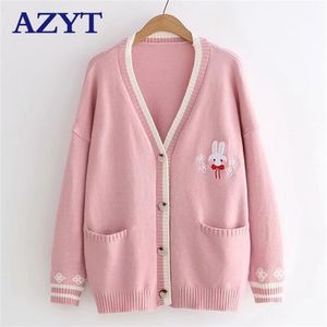 AZYT, suéter de punto de conejo con bordado de dibujos animados, cárdigan coreano elegante suelto para mujer, chaqueta de punto con cuello en V para mujer 210914