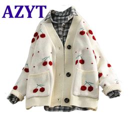 Azyt Fruit Cherry Embroidery Gebreide Cardigan Herfst V-hals Oversize Woman Sweater Jas Winter Warm Knitwear 210922