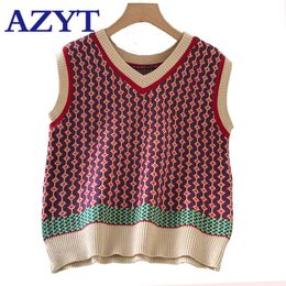 Azyt V Neck Loose Knit Womens Sweater Vest Herfst Stipe Panel Dames Mouwloze tops Casual gebreide tanktops Vrouw 201031