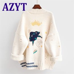 AZYT, cárdigan de punto de Otoño Invierno para mujer, suéter de gran tamaño con bordado de dibujos animados, abrigo Harajuku, cárdigans holgados elegantes con cuello de pico para mujer 210812