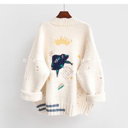 Azyt Femmes Automne Winter Tricot Cardigan Cartoon broderie surdimensionnée Mabille de pull Harajuku Loose Elegant V Neck Women Cardigans 201119 2562