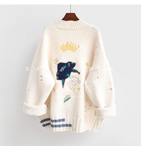 AZYT Femmes Automne Hiver Tricoté Cardigan Dessin animé Broderie Oversize Pull Manteau Harajuku Lâche Élégant Col V Femmes Cardigans 201119