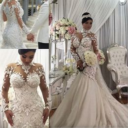 Azzaria Haute plus taille illusion à manches longues robes de mariée de sirène nigéria nigéria dos entier Dubaï Dubaï Castle Robe de mariée