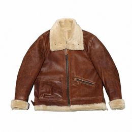Veste en peau de mouton marron aviateur pour hommes, coupe courte, Slim, café Racer Biker, Style militaire, manteau chaud et épais d'hiver, 61EW #, b-3