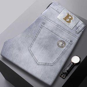 B Brand Denim jeans voor heren 2024 lente/zomer trend stempelen print elastische slanke fit kleine been lange broek licht grijs