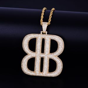 B letra forma geométrica con cadena de cuerda collar oro plata colgante Bling Cubic Zircon Hip hop hombres joyería