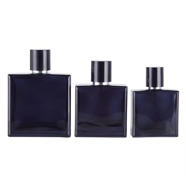 Bouteille de parfum en verre carré plat bleu d'encre de B033-30ml50ml100ml, flacon pulvérisateur cosmétique exquis fendu
