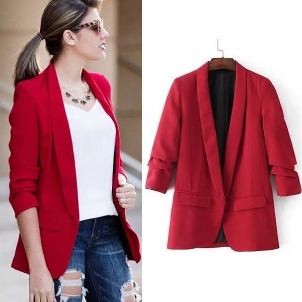 B055 Trajes de diseñador para mujer Blazers Mujer Abrigos casuales Mangas arrugadas Bolsillos dobles Chaquetas de traje Sólido Office Lady Ropa femenina suelta Ropa de abrigo Mujer